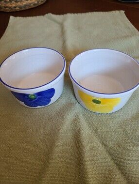 Vintage Maxam Italian Daisy Ramekins Portugal - Blue & Yellow - Set of 2